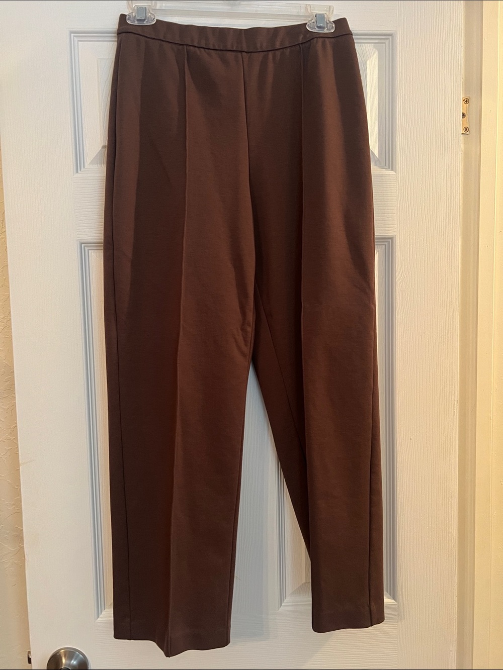 High-Rise Brown Stretch Trousers with Elastic Waistband